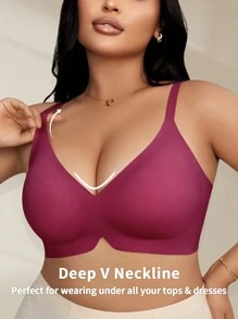 1pc Plus Size Women's Jelly Soft Support Wireless Gather Bra - Red Violet - View 4