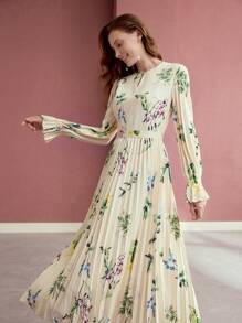 MOTF PREMIUM FLORAL PRINT PLEATED DRESS, LONG SLEEVES, ELEGANT STYLE,SPRING/SUMMER