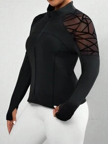 SHEIN Sport Studio Plus Size Branch & Mesh Contrast Thermische Gevoerde Lange Mouw Jas, Sportieve Stijl Voor Herfst/Winter