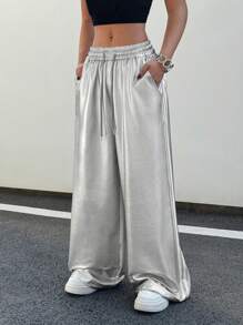 Flirla Pantalones largos casuales de mujer con diseño de rayas laterales estilo urbano