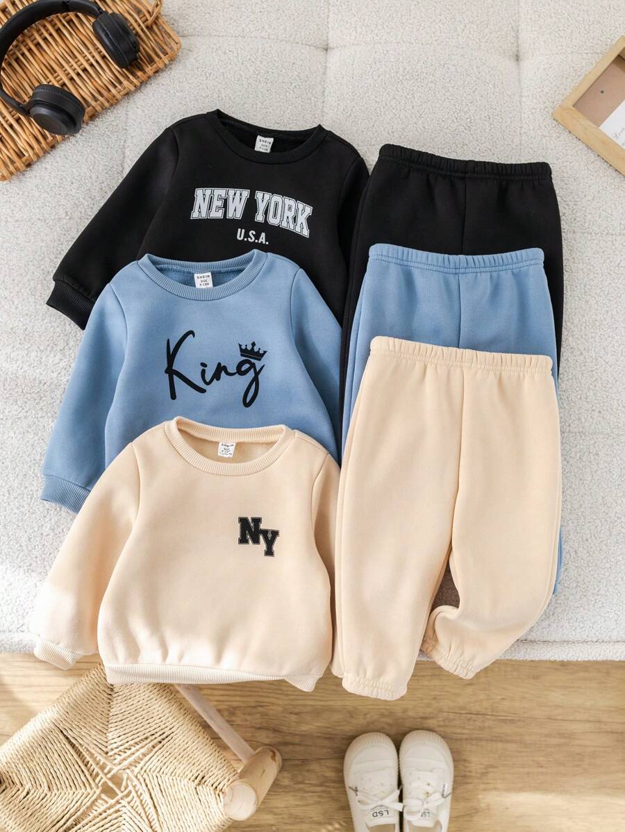 SHEIN Leap Crew 6 件套男婴和女婴休闲字母印花图案连帽衫运动衫 + 宽松裤，6 件套服装适合日常休闲、运动、秋冬 - 卡其色 - 查看 1