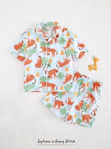 Cozy Pixies 2 件套：卡通动物印花 Polo 领短袖开衫和松紧腰短裤，适合小男孩 - 綠色 - 查看 7