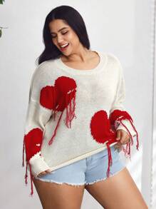 SHEIN CURVE+ Curve Plus Love Tassel Long Sleeved Heart Detail Sweater Pullover Party, Valentine's Day, Romantic Valentine's Day