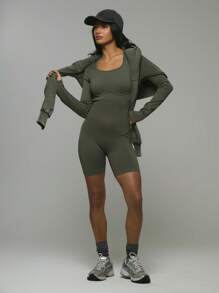 Musera Sport Under Bust Seam Detail Long Sleeve Fitted Playsuit ,Padel, Tennis, Pickleball Gym Fitness - Army Green - View 4