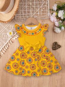 SHEIN Gaun Lengan Panjang Motif Kartun Bunga dengan Pita Manis untuk Bayi Perempuan, Bergaya untuk Musim Gugur/Musim Dingin - MultiWarna - View 2