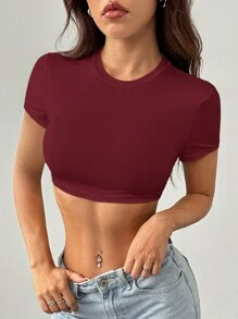 SHEIN PETITE Áo thun nữ cổ tròn đơn giản màu trơn đơn giản ôm vừa vặn - Màu Đỏ Sâu - Xem 6