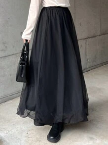 FRIFUL Women's Black Mesh Tulle Pouf Maxi Skirt, Elegant Bubble Skirt For Spring/Summer