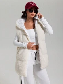 CasuGlow Casual Plush Hooded Sleeveless Winter Coat - White - View 4
