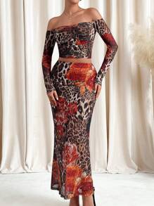 SHEIN Clasi Elegant Women's Leopard Print Flower Print Pleated See Through Mesh Knitted Top And Hip Hugging Straight Leg Skirt, Suitable For Wearing In Various Occasions