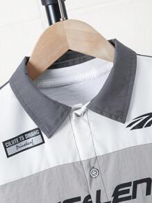 SHEIN Chemise pour jeune garçon style casual, patchwork blocs de couleurs style moto, imprimé lettres, et mode - Multicolore - Voir 4