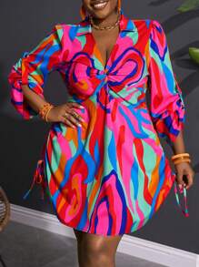 Slaydiva Plus Size Women Casual All-Over Print Twist Side Drawstring Dress, Suitable For Beach, Boho, Music Festival, Rave, Easter, Old Money Style, Country Concert, Going Out, Fairycore, Tropical Vacation - Multicolor - View 6