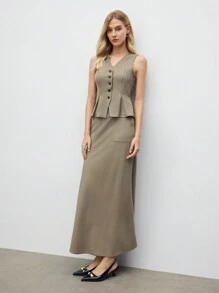 BizChic Set de 2 piezas Traje de chaleco y falda color caqui para mujeres, para usar en negocios/fiestas/citas, Primavera y Verano, Día de San Valentín - Caqui - Ver 3