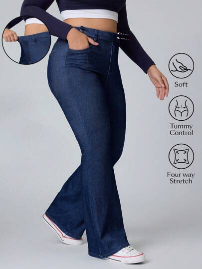 Flexra 大码女式弹力蓝色时尚修身针织喇叭牛仔裤