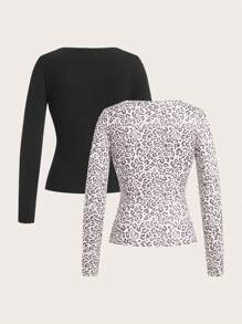 SHEIN EZwear 女士长袖合身前扣基本款上衣，休闲日常穿着 - 彩色 - 查看 2