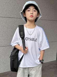 DAZY 青少年男孩字母印花条纹圆领落肩袖休闲 T 恤，返校服 - 白色 - 查看 5