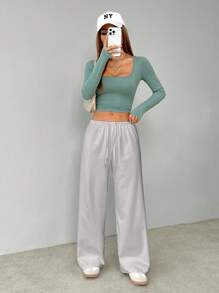 SHEIN PETITE Quần dài dệt kim mềm mại màu trắng, quần rộng - Màu Xám nhạt - Xem 3