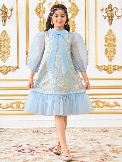 SHEIN Leap Crew Tween 女童优雅蓝色提花花卉拼布欧根纱泡泡袖 A 字形网眼拼接连衣裙