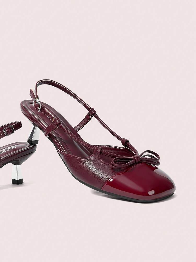 CUCCOO DOLLMOD Fashionable & Comfy Bow Detail Round Toe Mini Heels Casual Slingback Pumps, Claret Color For Women