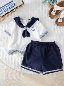 2pcs/Set Baby Boy Colorblock Sailor Collar Short Sleeve Top And Elastic Waist Shorts Set