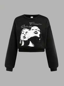 SHEIN 2 peças/conjunto adolescentes meninas moletom gráfico solto e calças de perna larga com bloqueio de cores terno casual
