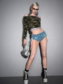 ROMWE Avant Y2K Harajuku Edgy Halter Off Shoulder Skeleton Rhinestone Gothic Graphic T-Shirt For Women