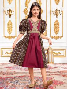 SHEIN Vestido de meninas para banquete elegante, lujoso y digno con cuello en V, cinta dorada, manga abullonada y bloque de color para Ramadán