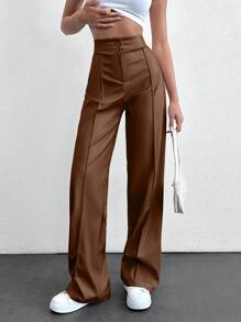 SHEIN Tall Pantalones marrones con cintura alta, pierna acampanada y costura delantera - Marrón - Ver 4