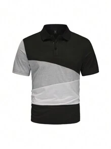Manfinity Homme Manfinity Men's Casual Everyday Wear With An INS-Inspired Design, Featuring A Classic Black, White, And Gray Color-Blocked Knit Short-Sleeve Polo With A Button Placket. Perfect For Music Festivals, Hawaiian Beach Vacations, And Everyday Styling. Also Makes A Great Gift For A Boyfriend Or Husband. Men's Color Block Textured Fabric Casual POLO Shirt, Polo Shirts For Men, - Black and White - View 4