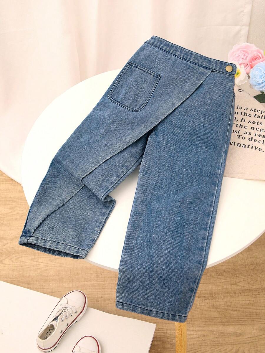 SHEIN Vintaside Kids 年轻女孩蓝色水洗宽松直筒牛仔裤，前围闭合设计，休闲时尚，适合日常穿着 - 淺色水洗藍 - 查看 1