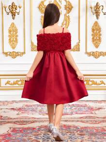SHEIN Gaun Jacquard Off Shoulder Fit-And-Flare Elegan dengan Hiasan Pita untuk Anak Perempuan Remaja, Cocok untuk Pernikahan dan Pesta - Burgundy - View 3