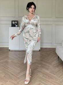 DAZY Vestido de mujer de cuello en V profundo con estampado floral de longitud media para fiesta, vestido de otoño de manga larga, vestido elegante para mujer - Beis - Ver 5