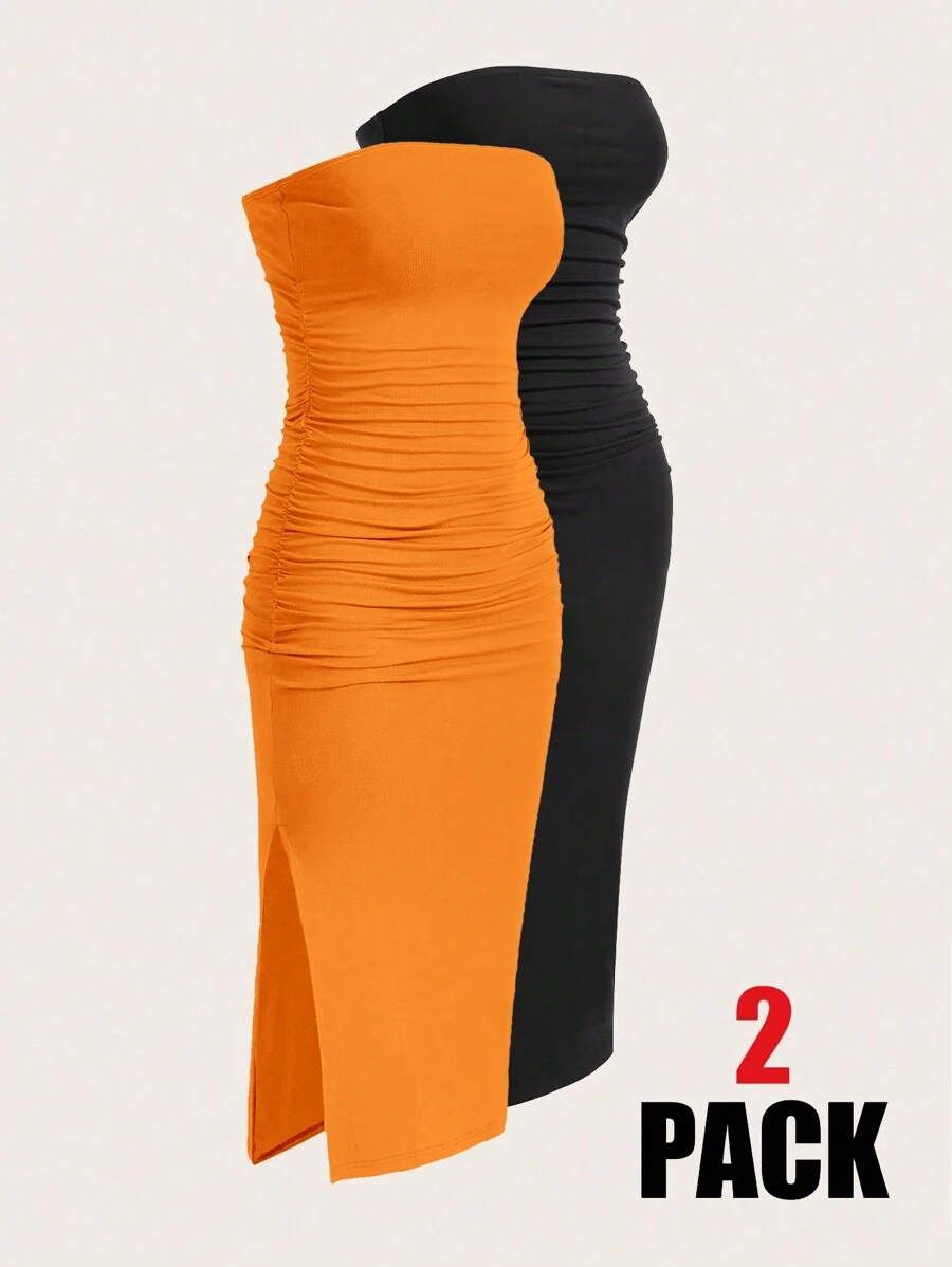 SHEIN EZwear 女士多色抹胸针织连衣裙,简约时尚的日常休闲装 - 橘色 - 查看 1