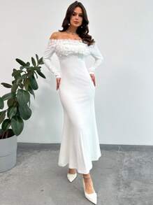 SHEIN Privé Valentine's Day Elegant Minimalist Refined Romantic Fashionable Sexy Belle Date Party Daily Wear White Long Sleeve Off Shoulder Twist Bodycon Fish Tail Floral Mesh Dress, Autumn/Winter/Spring - White - View 2