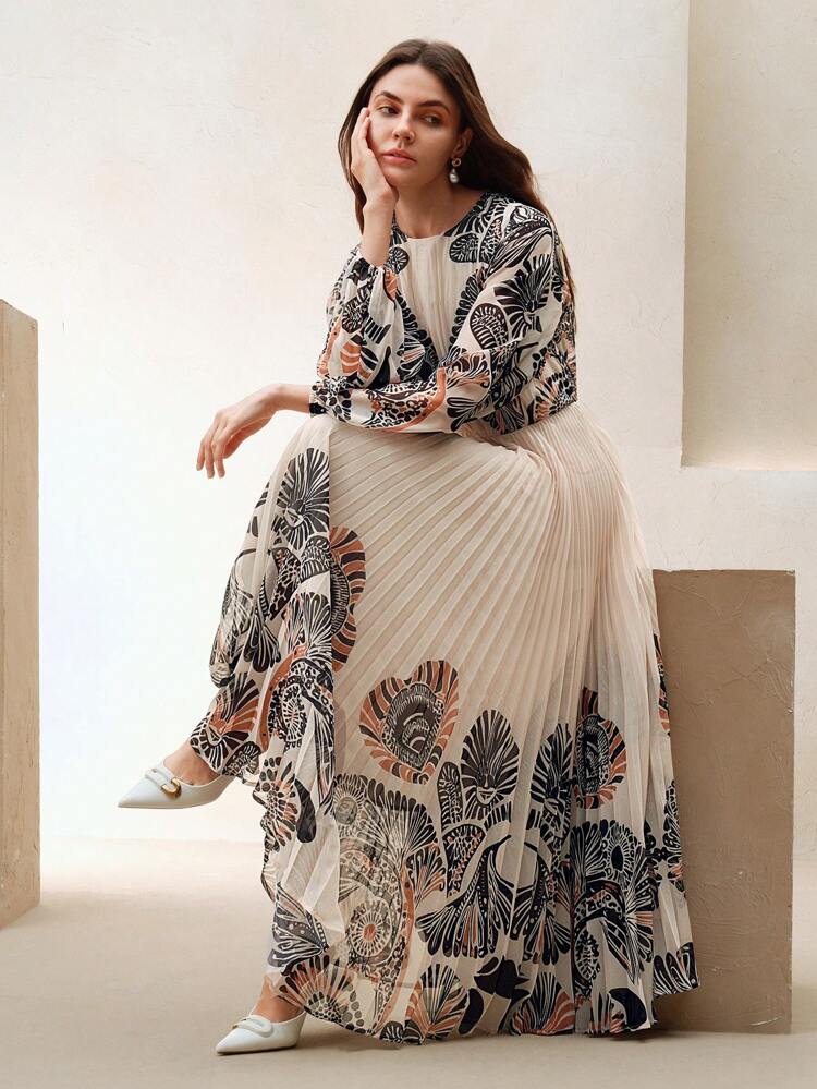 Anewsta Elegant & Classy Floral Print Elastic Waist Pleated Women Dress Boho, Floral Dress