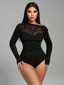 VaVaBold Sexy Black Asymmetric Shoulder Mesh Patchwork Ruched Women's Bodysuit Fall Cloth For Women - Black - View 3