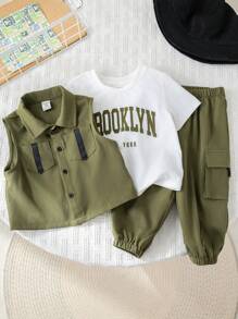 SHEIN 3pcs Baby Kids Letter Print Knit Soft Round Neck Tee Shirt, Elastic Waist Pants And Sleeveless Vest Set