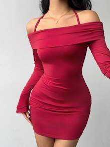 SHEIN Essnce 女士纯色露背系带长袖修身红色迷你连衣裙 - 酒紅色 - 查看 3
