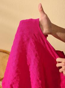 Slaydiva 2pcs New Solid Color Casual Outfit: Crew Neck Short Sleeve Top And Knotted Textured Fabric Shorts Set, Summer - Hot Pink - View 5