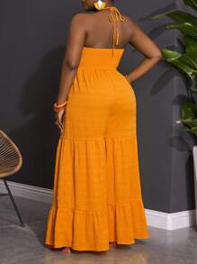 Slaydiva Plus Size Women Textured Flared Leg Jumpsuit For Vacation - Yellow - View 2