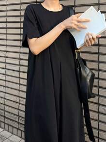 FRIFUL Women's Black Midi Dress, Round Neck Short Sleeve, Business Casual Summer Outfit