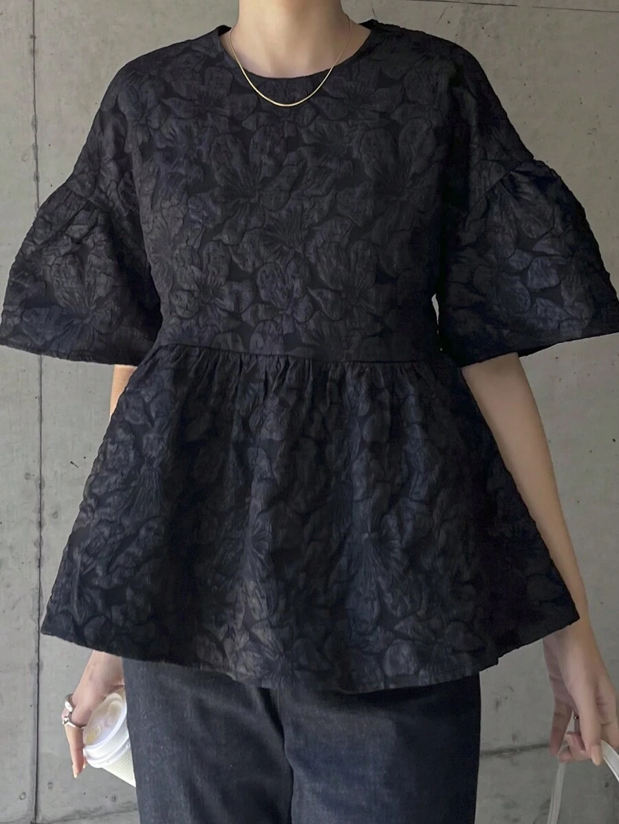 FRIFUL Women's Black Textured Puff Sleeve Blouse, Summer Clothing - Black - View 1