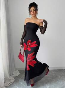 Elenzga Trägerloses figurbetont Fischschwanz-Saum französischer Stil Blumen elegantes Doppellagen Tüllkleid - Schwarz - Übersicht 5