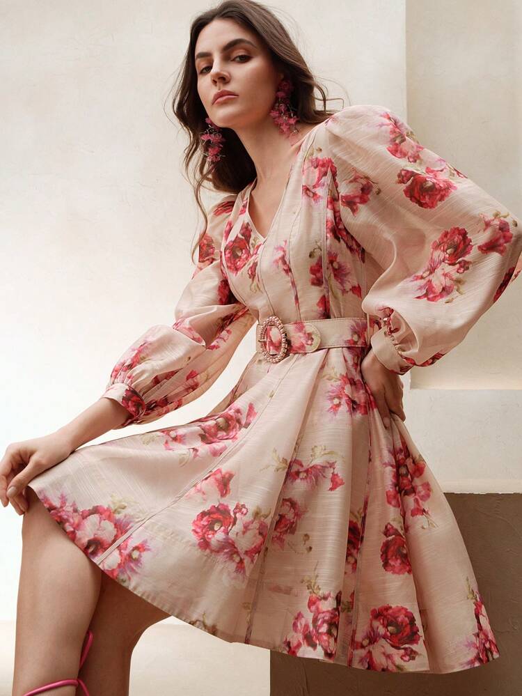 Spring/Summer New French Style Lantern Sleeve V-Neck Floral Print A-Line Mini Dress With Belt