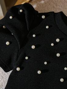 Elladie kids 年轻女孩珍珠装饰圆领短款泡泡袖 T 恤 - 黑色 - 查看 4