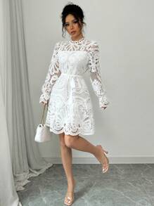 Elenzga Women's Solid Color Minimalist Casual Daily Wear Short Dress - White - View 6