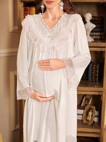 Camisón de maternidad holgado de manga larga con parches de encaje bordado y 2 botones - Blanco - Ver 6