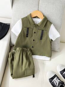 SHEIN 3pcs Baby Kids Letter Print Knit Soft Round Neck Tee Shirt, Elastic Waist Pants And Sleeveless Vest Set