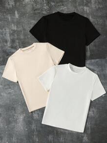 SHEIN 3 件套青少年男孩休闲街头风格圆领套头针织 T 恤，适合酷男孩，多色 - 彩色 - 查看 2