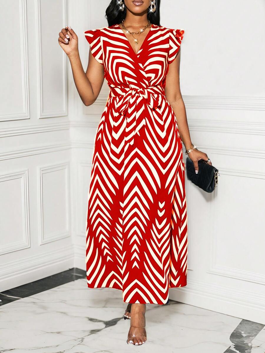 Lyxana Women's V-Neck Waist Gathered Swing Dress, Butterfly Sleeve Sash Tie, Black & White Vertical Striped Dress Maxi Women Outfit