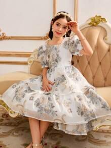Tween Girl Floral Jacquard Square Neck Ruffle Sleeve Elegant Dress - Grey - View 4